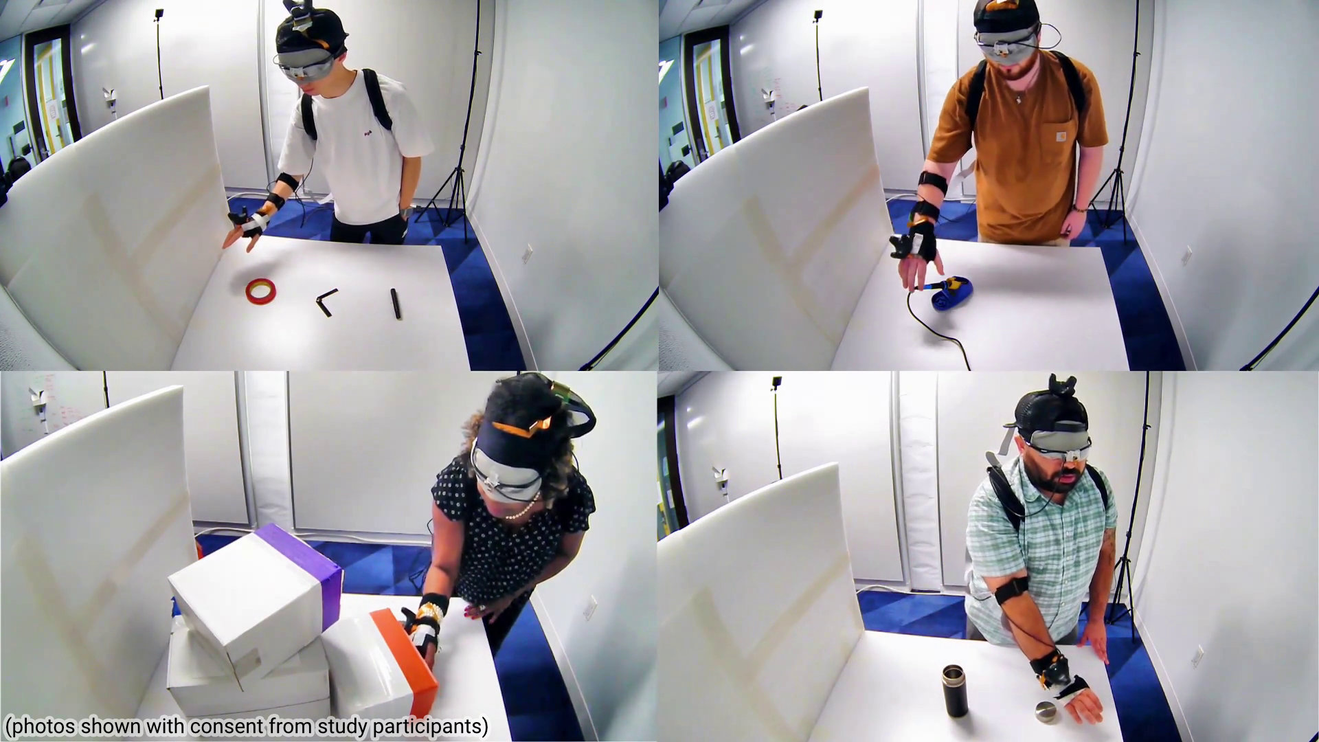 A collage of study photos in which each shows a different person while blindfolded, reaching their hand for different tasks in front of a table with different objects.